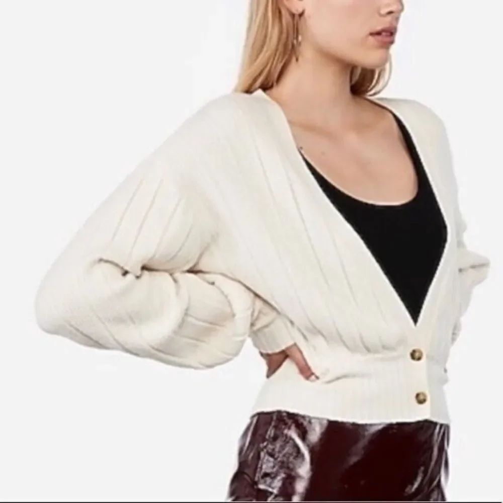 Express X Negin Mirsalehi Ribbed Knit cropped Cardigan Ivory 2 Button size XS